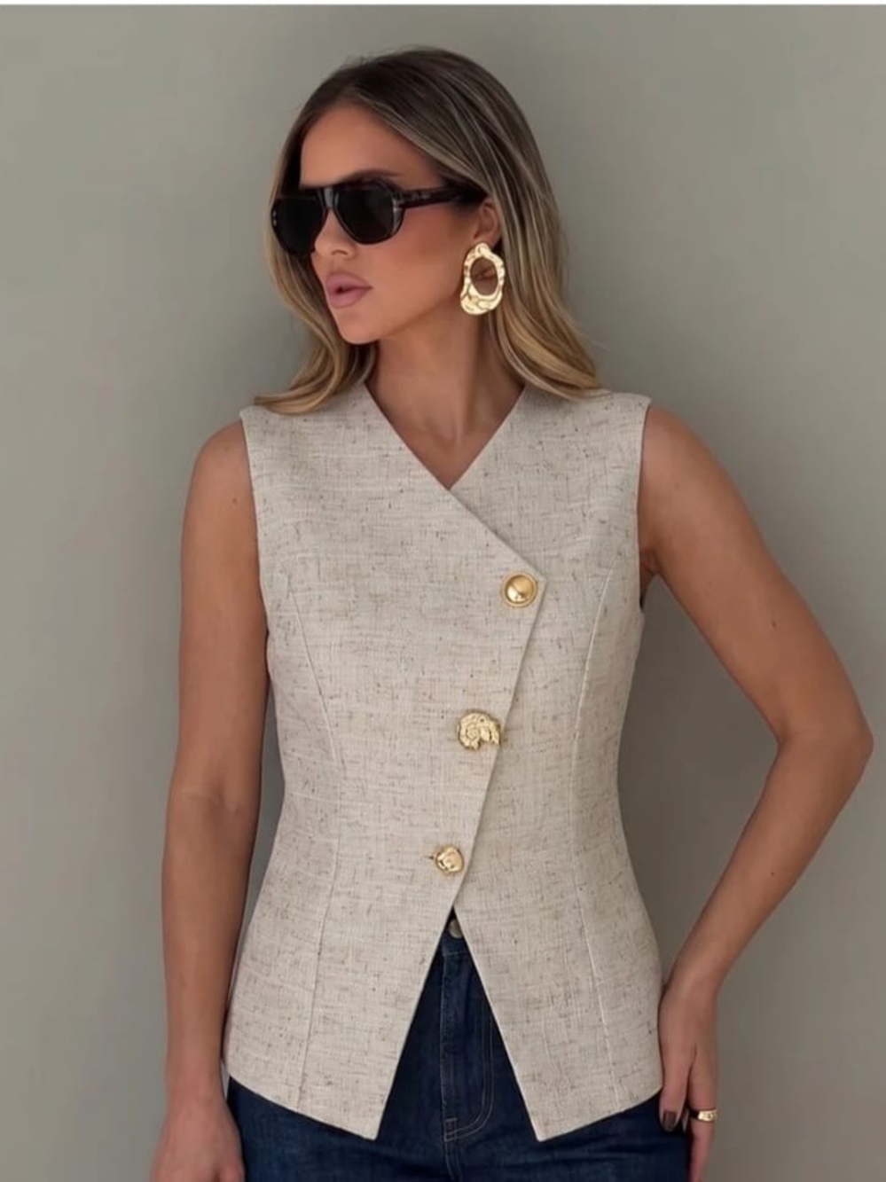 The Commense XL Women's Woven V-Neck Sleeveless Button Front Vest Top in Beige
